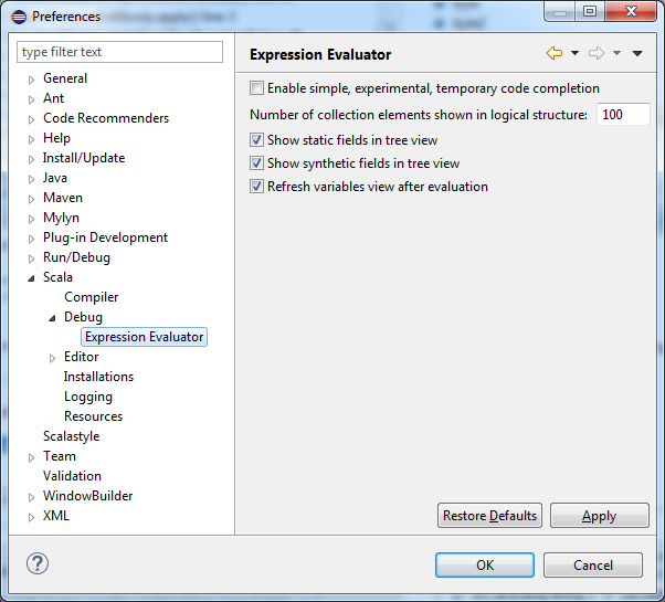 Expression evaluator preferences