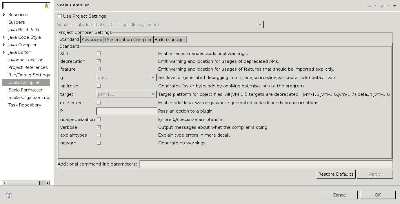Unmodified compiler settings view